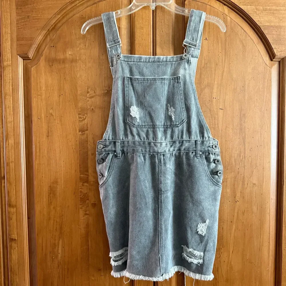 POL overall skirt distressed gray denim ripped torn mini jean overalls S small - Picture 8 of 16